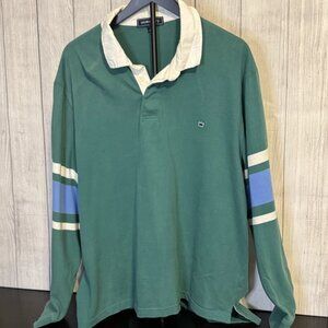 Crown & Ivy Rugby Polo Shirt Mens X-Large Long Sleeve Green with Blue and WhiteC